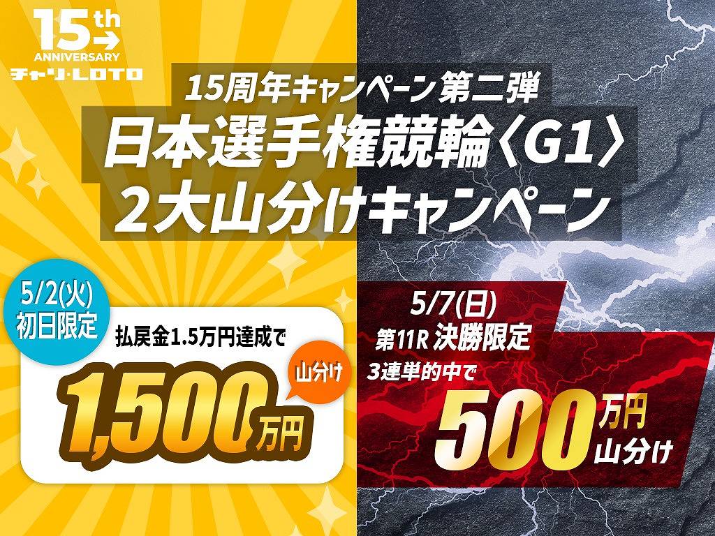 【15周年企画第二弾】日本選手権競輪（G1）2大山分けキャンペーン