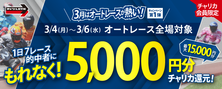 【最大15,000円分！】3/4～3/6開催のオートレース3連単を1日7レース的中で、もれなく5,000円還元！